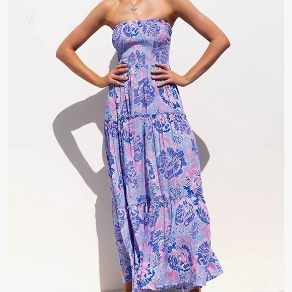 NWT ZESICA Women's Bohemian Floral Printed Strapless Maxi Dress - Picture 3 of 6